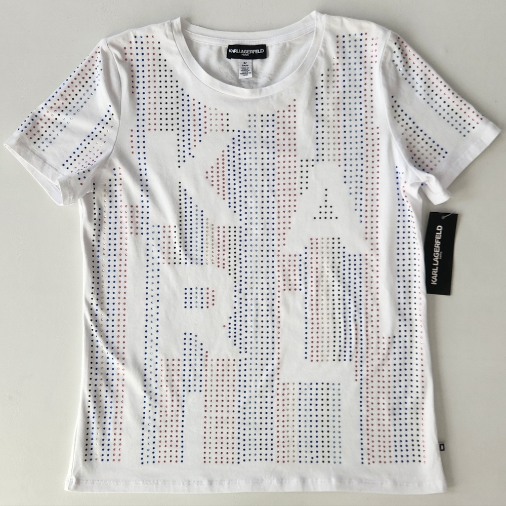 Karl Lagerfeld White Rhinestone Embellished Tee
